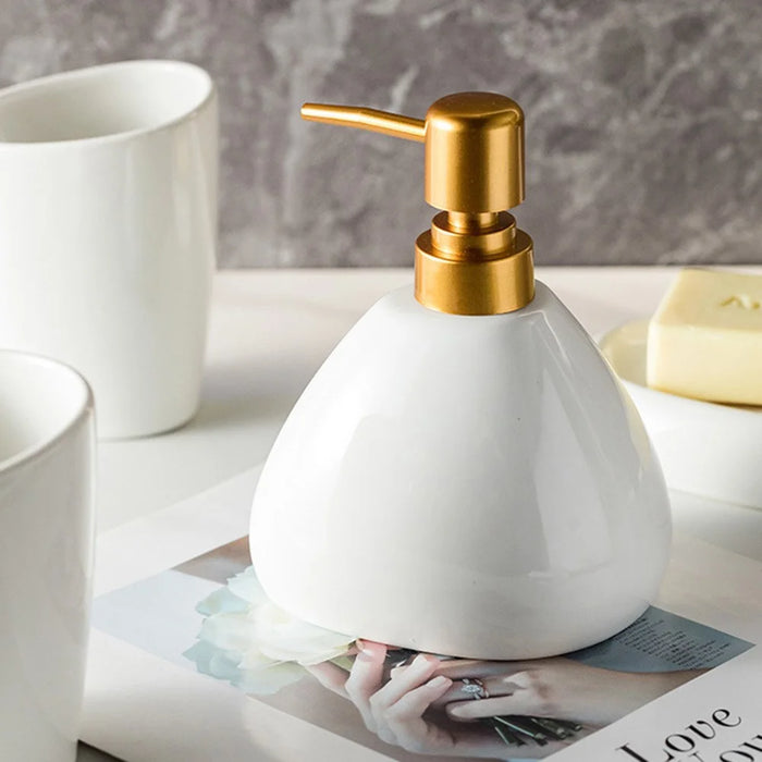 Minimalist Ceramic Bathroom Lotion Dispenser Bottle + Mouthwash Cup + Soap Dish - 6