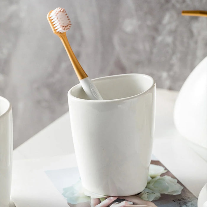 Minimalist Ceramic Bathroom Lotion Dispenser Bottle + Mouthwash Cup + Soap Dish - 7