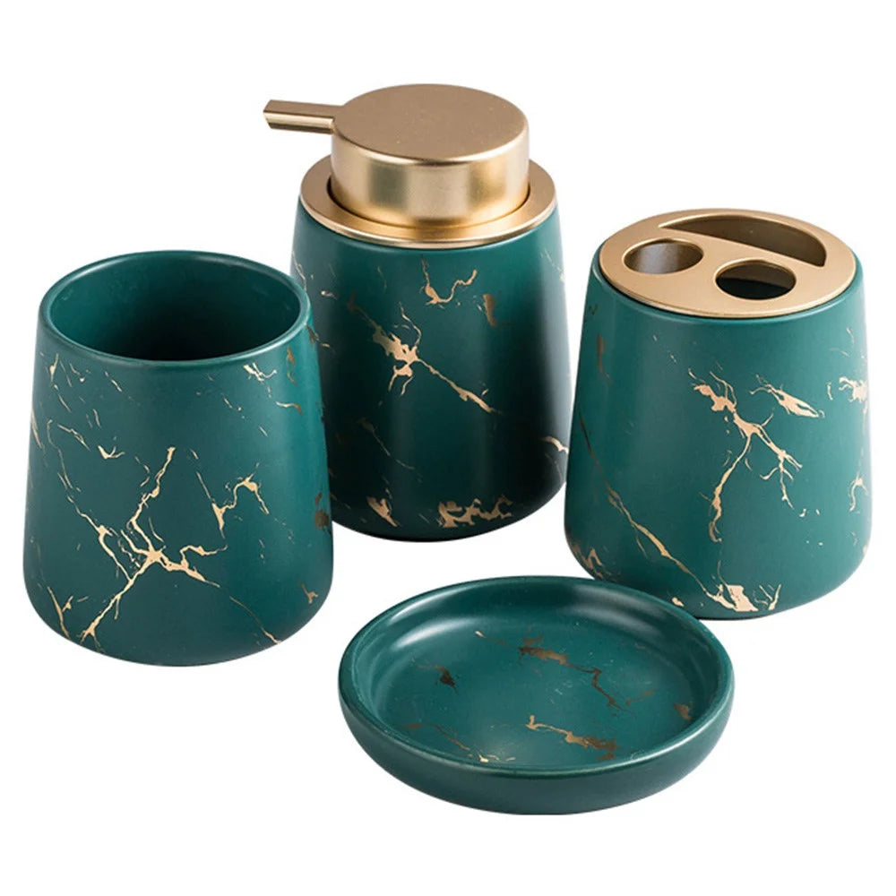 Ceramic Bathroom Accessories Home Hotel Lotion Dispenser Bottle + Toothbrush Cup + Rinsing Cup + Soap Dish - Green - 1