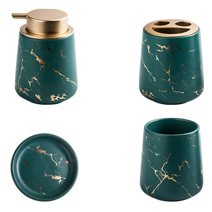 Ceramic Bathroom Accessories Home Hotel Lotion Dispenser Bottle + Toothbrush Cup + Rinsing Cup + Soap Dish - Green - 2