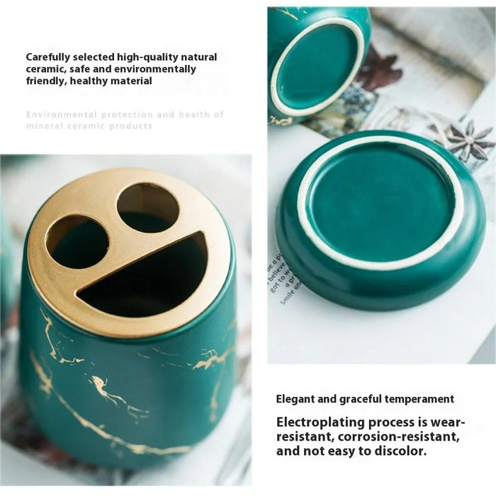 Ceramic Bathroom Accessories Home Hotel Lotion Dispenser Bottle + Toothbrush Cup + Rinsing Cup + Soap Dish - Green - 6