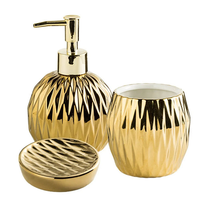 Luxury Ceramic Bathroom Accessories Set Lotion Dispenser Bottle + Rinsing Cup + Soap Dish - Gold - 1