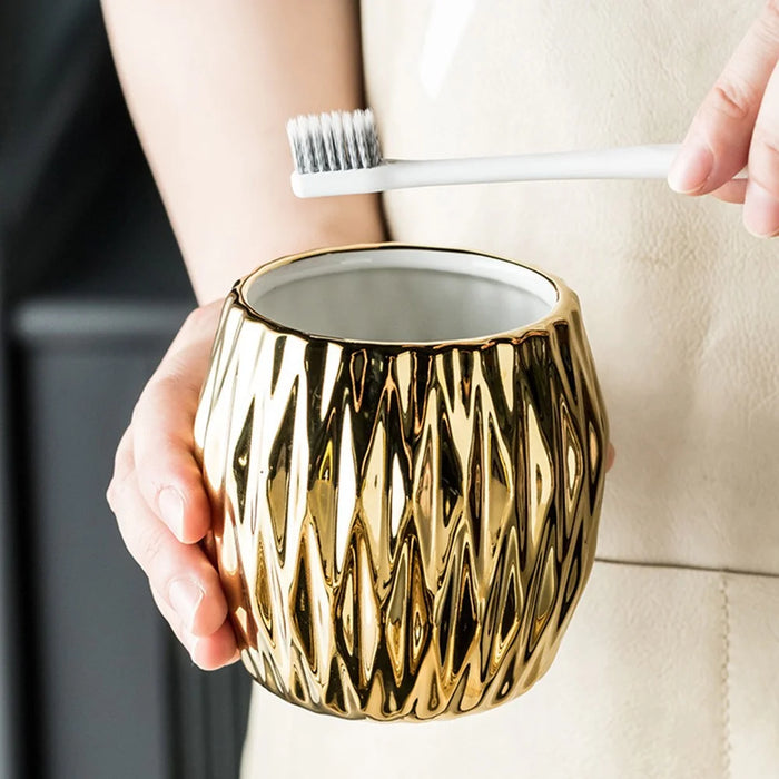Luxury Ceramic Bathroom Accessories Set Lotion Dispenser Bottle + Rinsing Cup + Soap Dish - Gold - 3