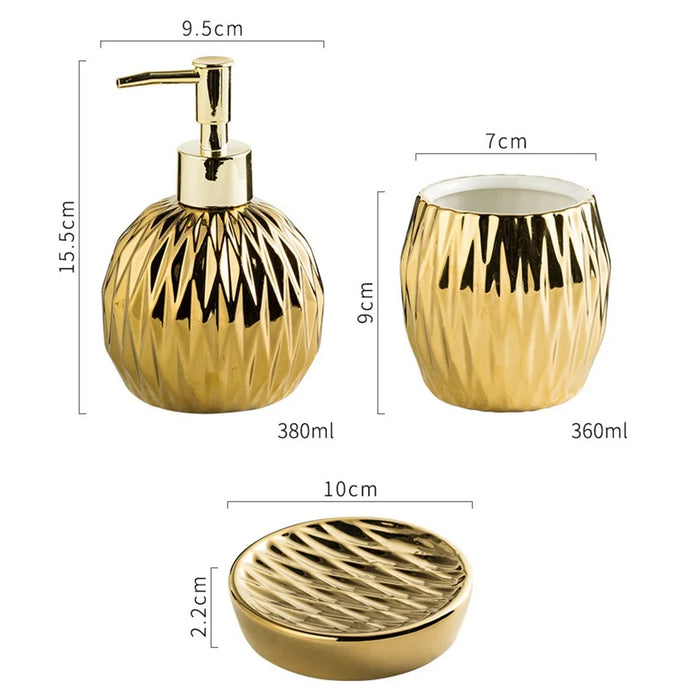 Luxury Ceramic Bathroom Accessories Set Lotion Dispenser Bottle + Rinsing Cup + Soap Dish - Gold - 6