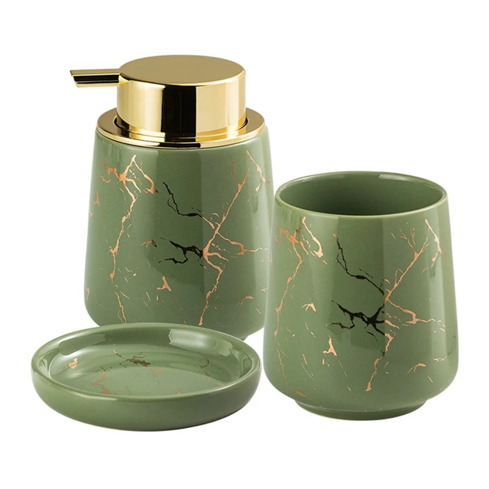 Luxury Ceramic Bathroom Accessories Set Mouthwash Cup + Soap Dish + Lotion Dispenser Bottle - Green - 1