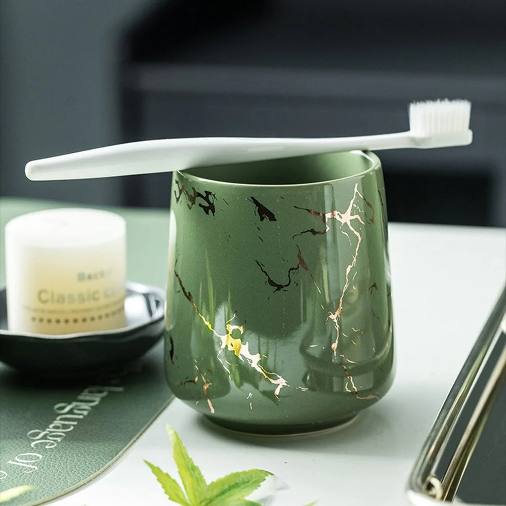 Luxury Ceramic Bathroom Accessories Set Mouthwash Cup + Soap Dish + Lotion Dispenser Bottle - Green - 2