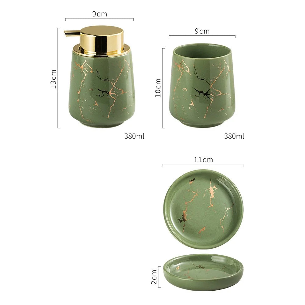 Luxury Ceramic Bathroom Accessories Set Mouthwash Cup + Soap Dish + Lotion Dispenser Bottle - Green - 4