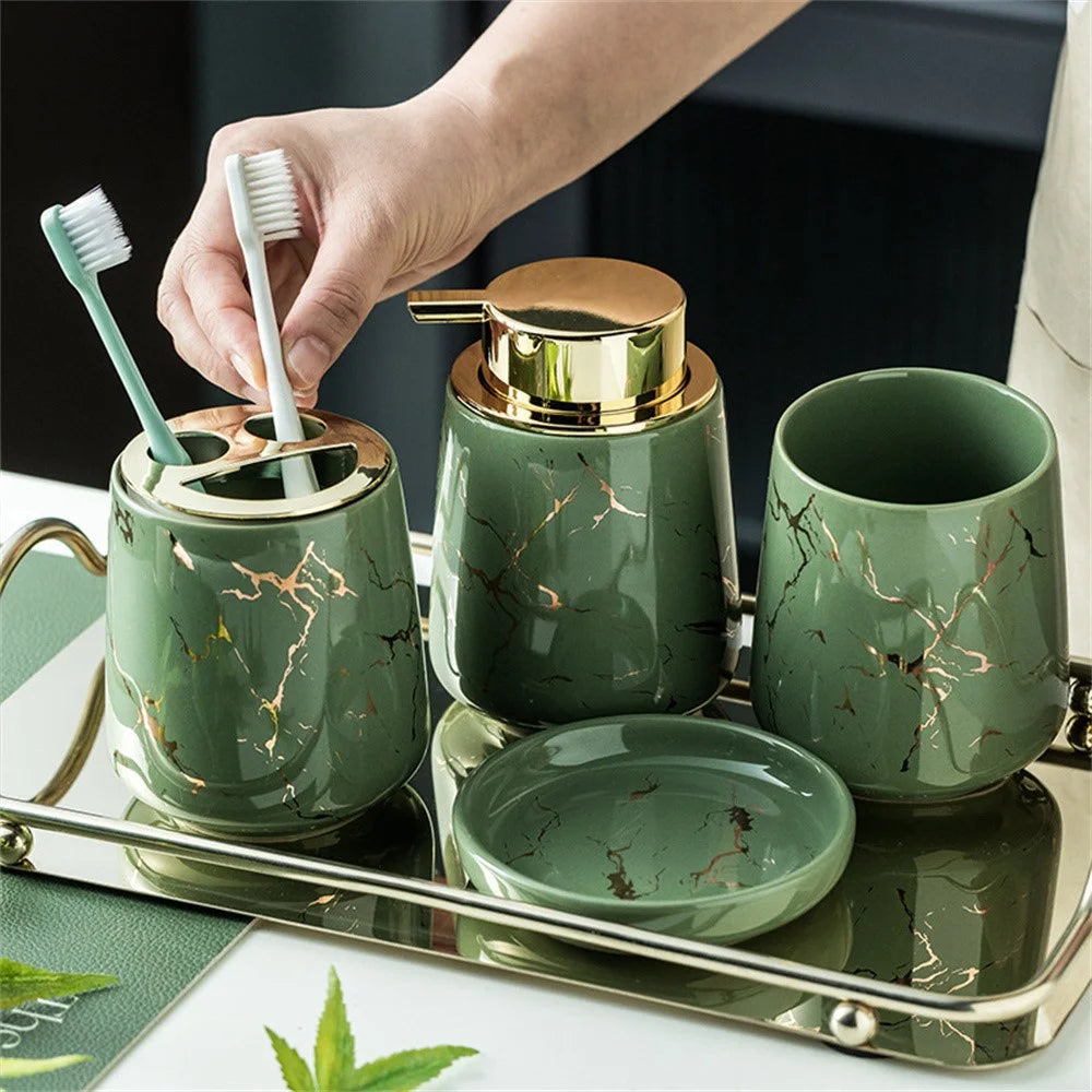 Home Hotel Ceramic Bathroom Accessories Set Toothbrush Holder Rinsing Cup Soap Dish Lotion Dispenser Bottle - Green - 2