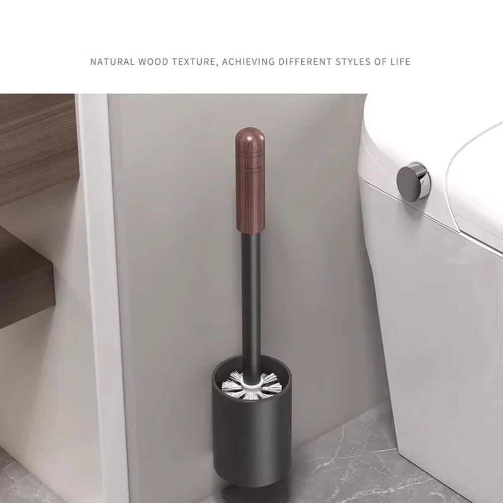 Space Aluminum + Wood Toilet Brush with Stand Bathroom No Dead Angle Cleaning Tool - Black Walnut Color - 2