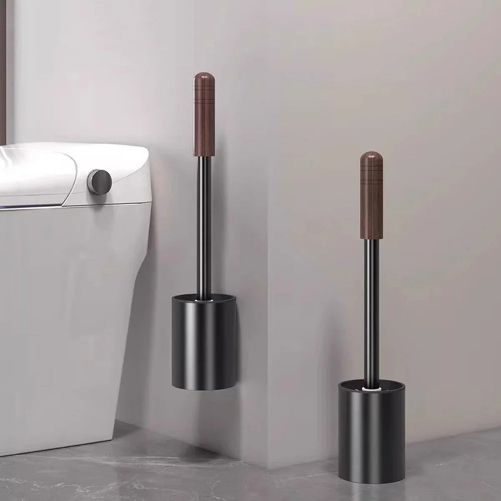 Space Aluminum + Wood Toilet Brush with Stand Bathroom No Dead Angle Cleaning Tool - Black Walnut Color - 3
