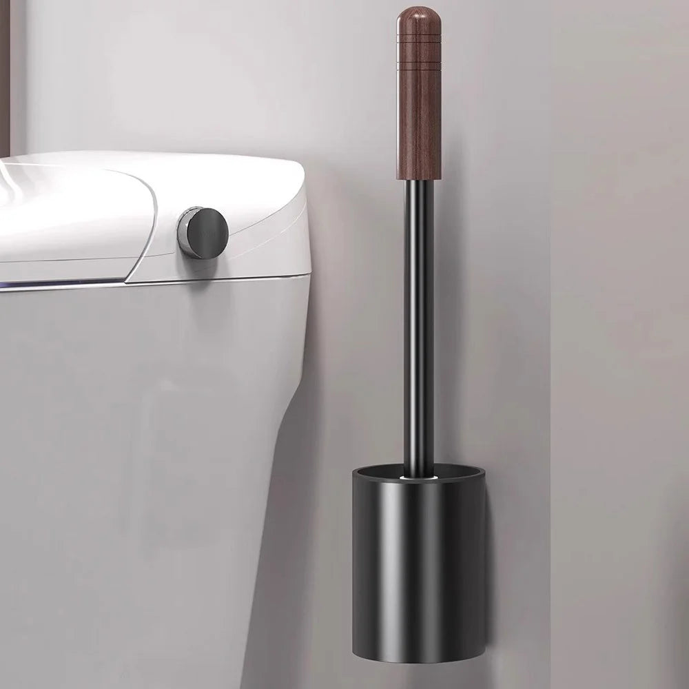 Space Aluminum + Wood Toilet Brush with Stand Bathroom No Dead Angle Cleaning Tool - Black Walnut Color - 4
