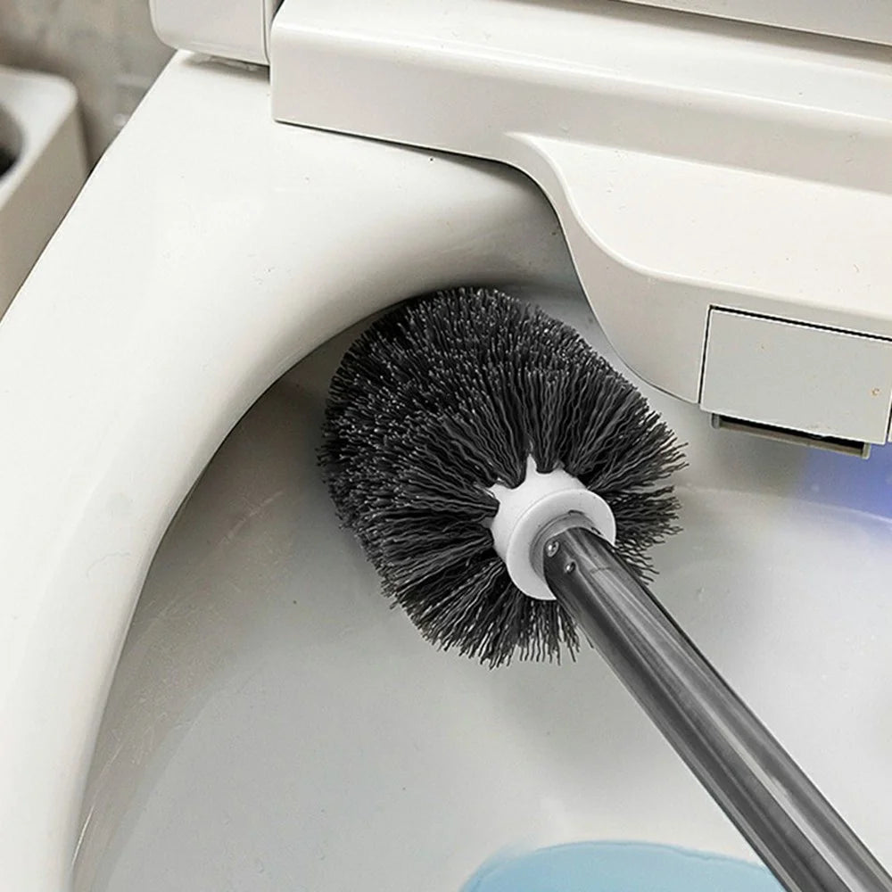 Stainless Steel Long Handle Toilet Brush Storage Base Set Wall Mounted Bathroom Cleaning Tool - Round Base - 4