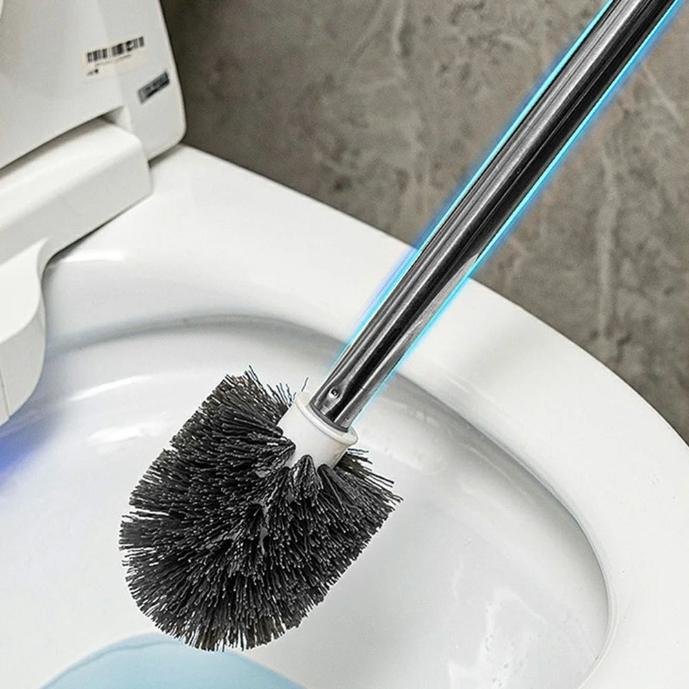 Stainless Steel Long Handle Toilet Brush Storage Base Set Wall Mounted Bathroom Cleaning Tool - Round Base - 5
