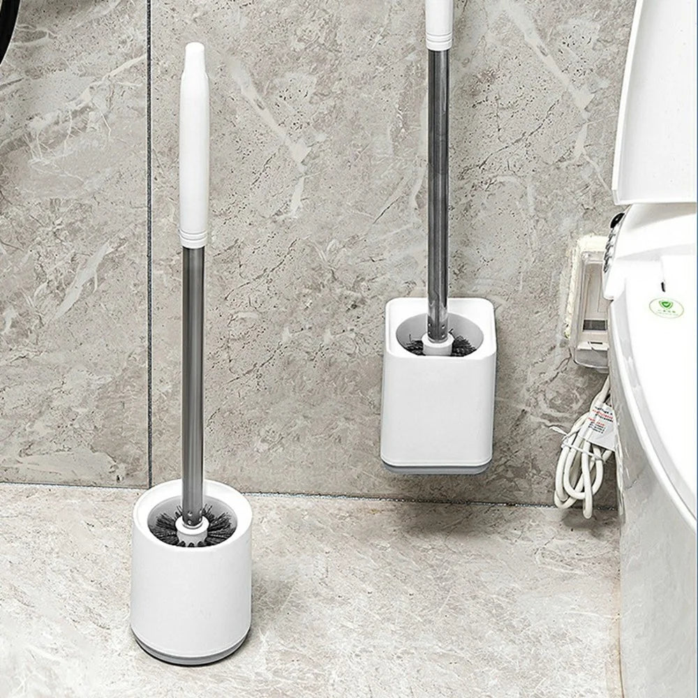 Stainless Steel Long Handle Toilet Brush Storage Base Set Wall Mounted Bathroom Cleaning Tool - Round Base - 6