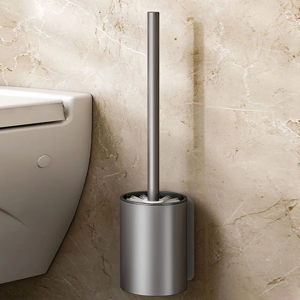 Space Aluminum Long Handle Toilet Brush + Storage Base No Drill Wall Mounted Bathroom Cleaning Tool - Grey - 1