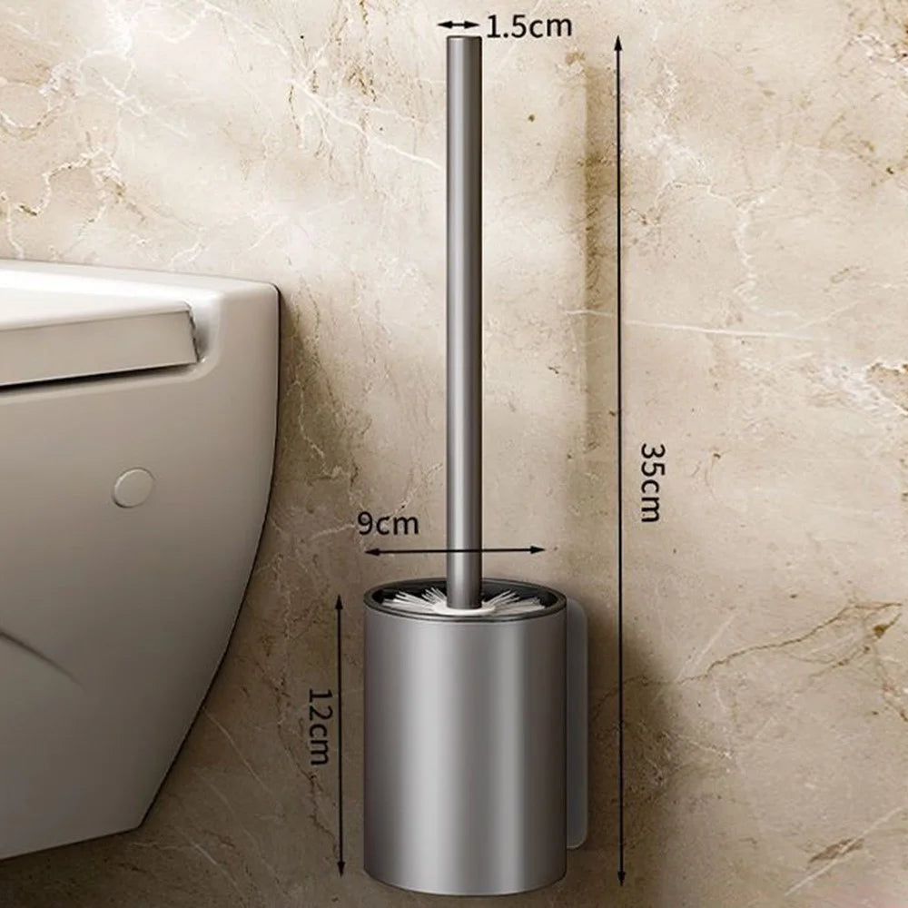 Space Aluminum Long Handle Toilet Brush + Storage Base No Drill Wall Mounted Bathroom Cleaning Tool - Grey - 2