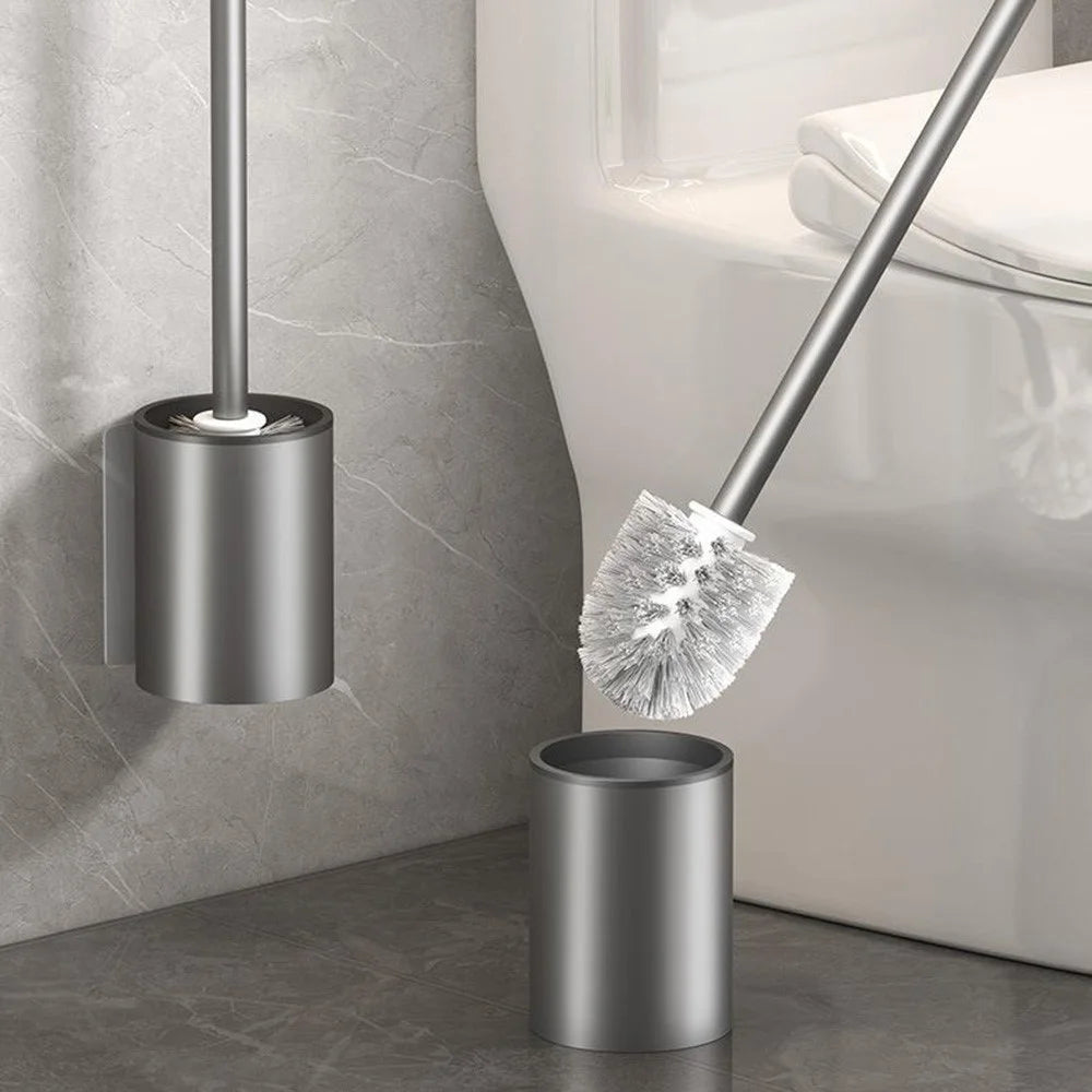 Space Aluminum Long Handle Toilet Brush + Storage Base No Drill Wall Mounted Bathroom Cleaning Tool - Grey - 3