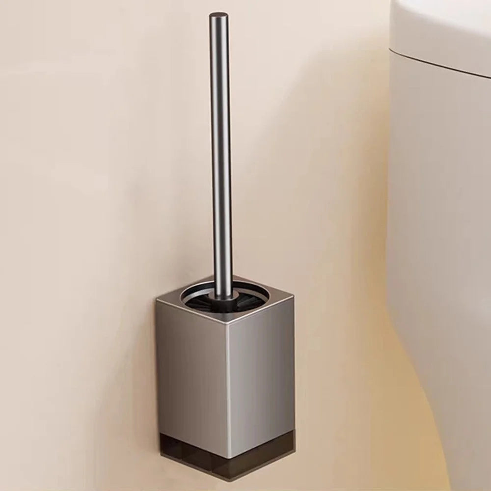 Space Aluminum + ABS Wall Mounted Free Standing Bathroom Toilet Brush with Base and Drip Tray - Square / Grey - 1