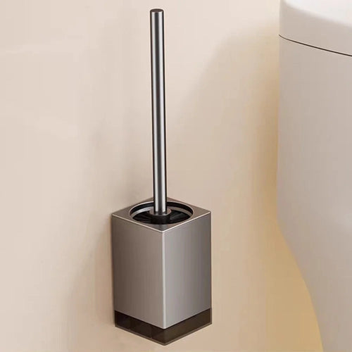 Space Aluminum + ABS Wall Mounted Free Standing Bathroom Toilet Brush with Base and Drip Tray - Square / Grey - 1