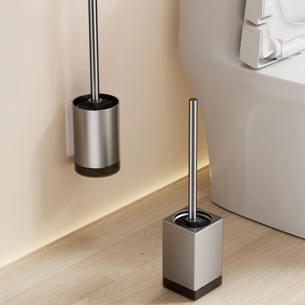 Space Aluminum + ABS Wall Mounted Free Standing Bathroom Toilet Brush with Base and Drip Tray - Square / Grey - 6