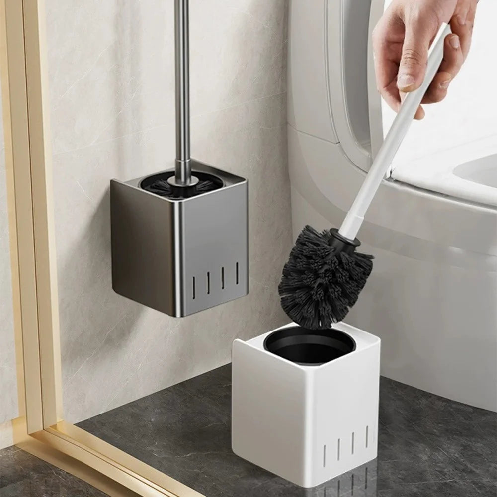 Long Handle Toilet Brush with Base Wall Mounted Home Bathroom Cleaning Brush - Grey - 6