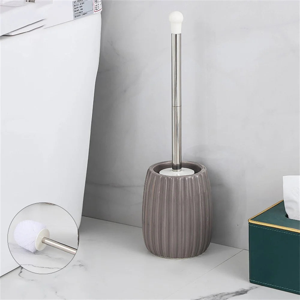 Ceramic Base Toilet Brush Stainless Steel Long Handle Bathroom Cleaner No Dead Angle - Oval Base / Coffee - 1