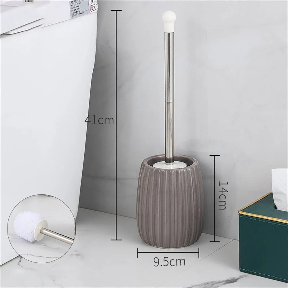 Ceramic Base Toilet Brush Stainless Steel Long Handle Bathroom Cleaner No Dead Angle - Oval Base / Coffee - 2