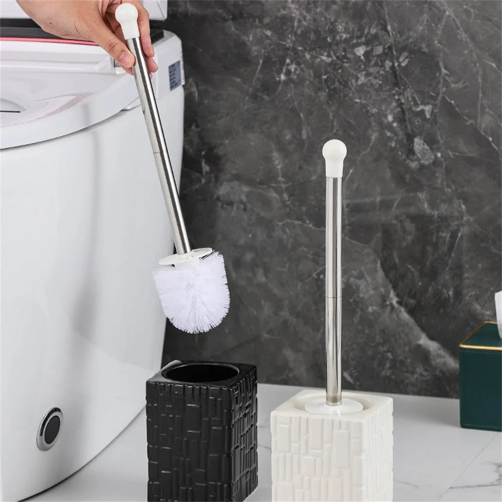 Ceramic Base Toilet Brush Stainless Steel Long Handle Bathroom Cleaner No Dead Angle - Oval Base / Coffee - 5