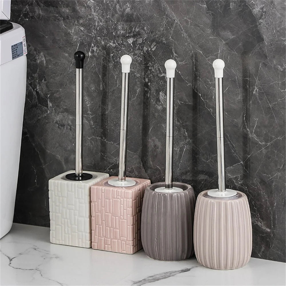 Ceramic Base Toilet Brush Stainless Steel Long Handle Bathroom Cleaner No Dead Angle - Oval Base / Coffee - 6