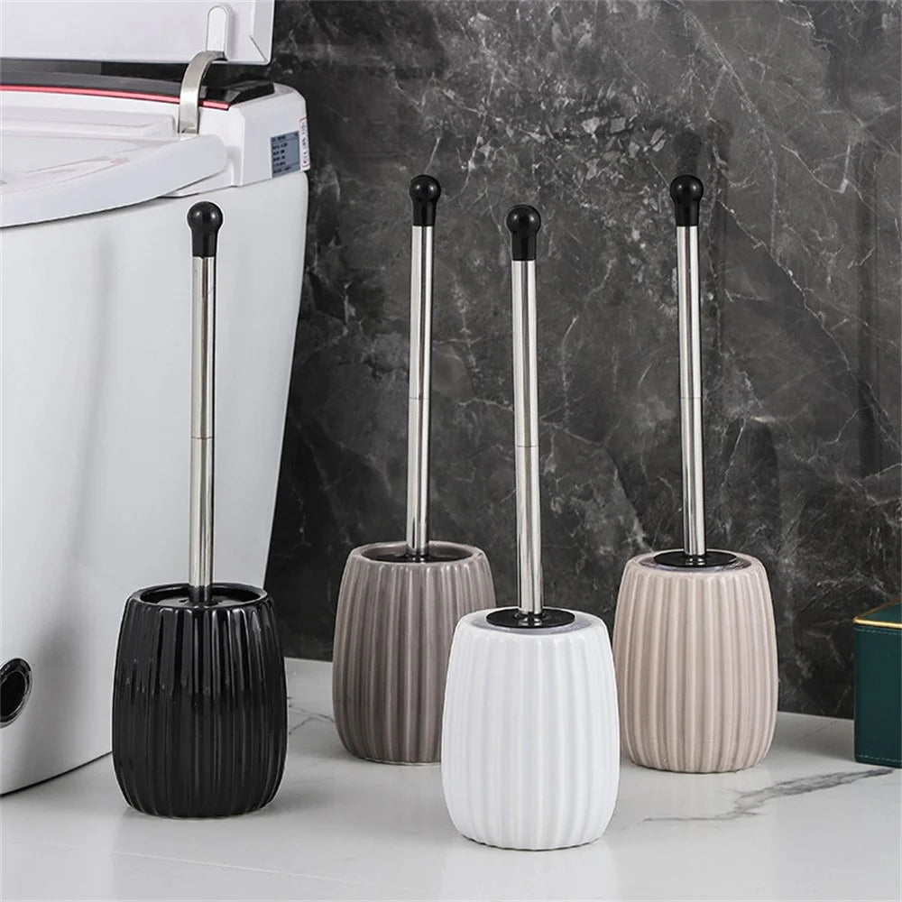 Ceramic Base Toilet Brush Stainless Steel Long Handle Bathroom Cleaner No Dead Angle - Oval Base / Coffee - 7