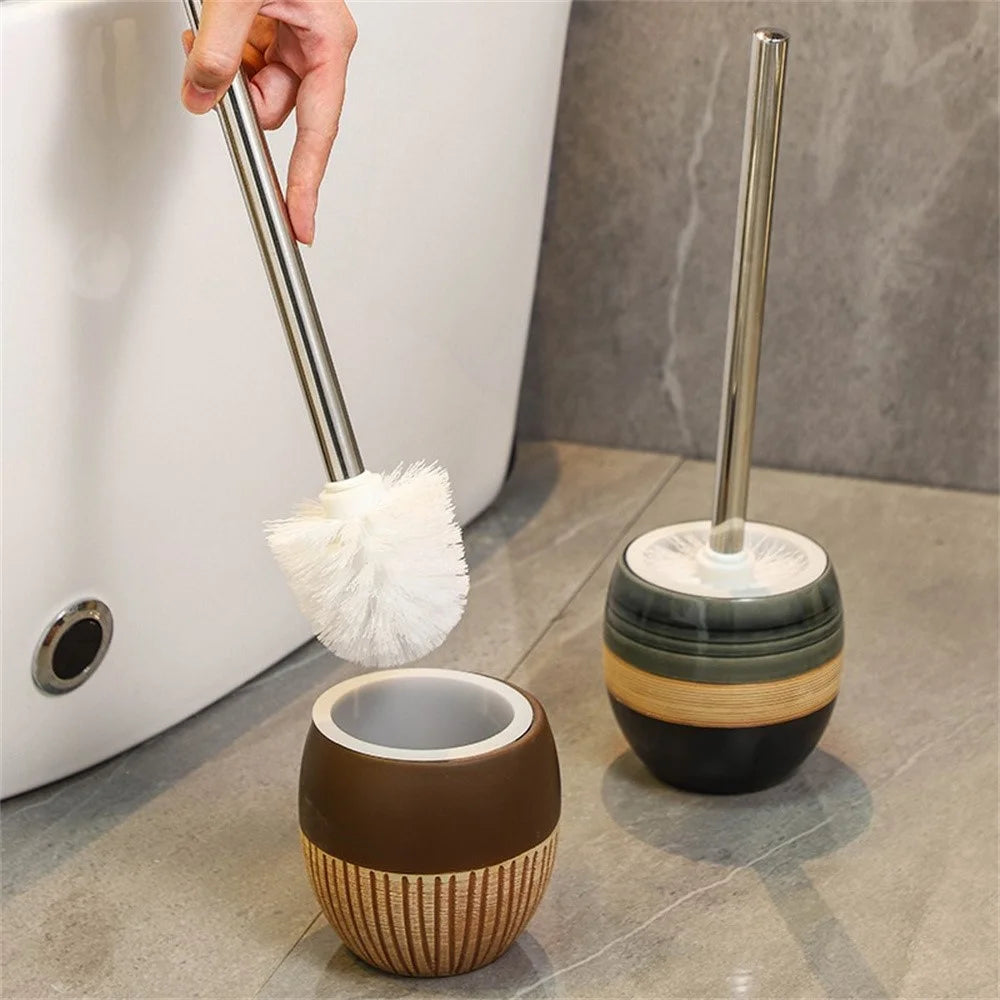 Ceramic Base Toilet Brush and Holder Set Stainless Steel Long Handle Rotating Head No Dead Angle Cleaning - Style B - 2