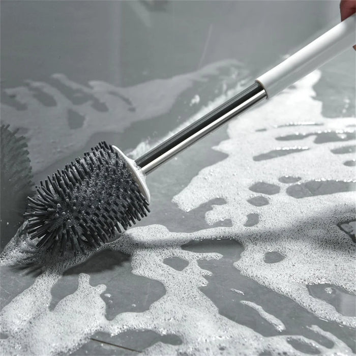 Wall Mounted / Floor Standing Long Handle Toilet Brush with Base Soft Bristles Bathroom Cleaning Tool - Square Base - 2