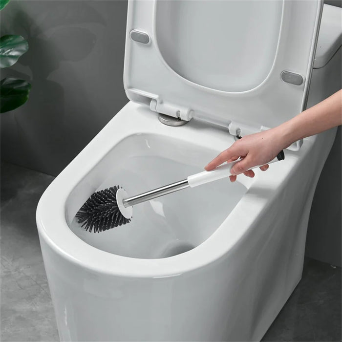 Wall Mounted / Floor Standing Long Handle Toilet Brush with Base Soft Bristles Bathroom Cleaning Tool - Square Base - 3