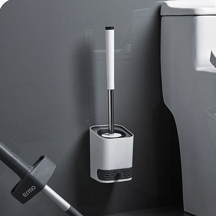 Wall Mounted / Floor Standing Long Handle Toilet Brush with Base Soft Bristles Bathroom Cleaning Tool - Square Base - 6
