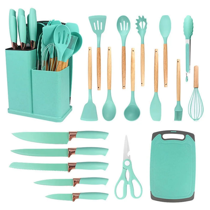 19Pcs / Set Silicone Kitchen Utensil Stainless Steel Knife Silicone Spoon Spatula Kit with Storage Bucket (BPA Free, No FDA) - Dark Green - 1