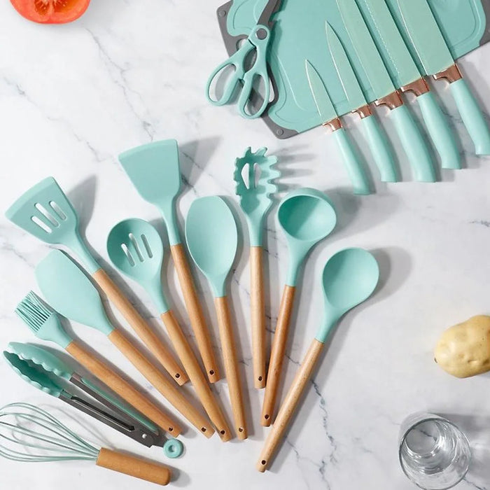 19Pcs / Set Silicone Kitchen Utensil Stainless Steel Knife Silicone Spoon Spatula Kit with Storage Bucket (BPA Free, No FDA) - Dark Green - 3