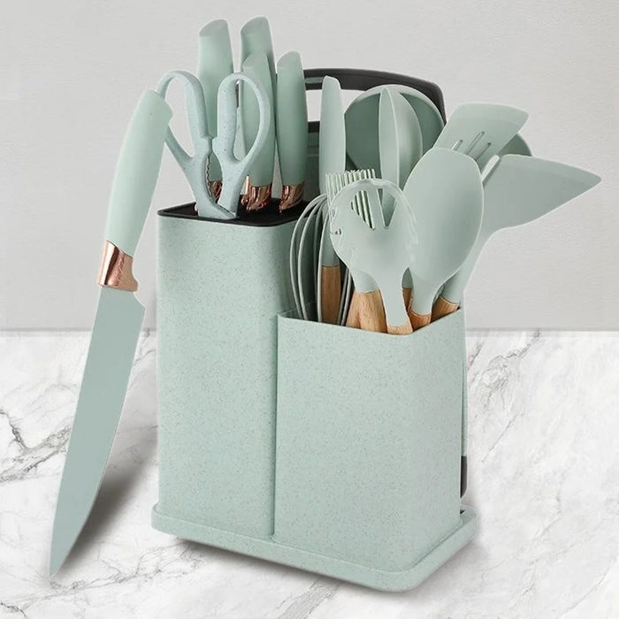 19Pcs / Set Silicone Kitchen Utensil Stainless Steel Knife Silicone Spoon Spatula Kit with Storage Bucket (BPA Free, No FDA) - Dark Green - 4