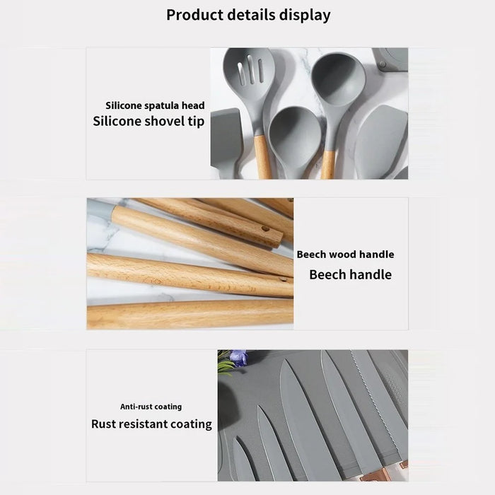 19Pcs / Set Silicone Kitchen Utensil Stainless Steel Knife Silicone Spoon Spatula Kit with Storage Bucket (BPA Free, No FDA) - Dark Green - 6