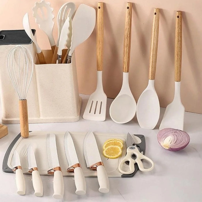 19Pcs / Set Silicone Kitchen Utensil Stainless Steel Knife Silicone Spoon Spatula Kit with Storage Bucket (BPA Free, No FDA) - Dark Green - 7