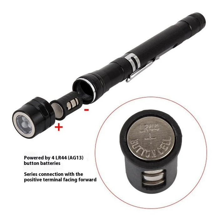 3-LED Extendable Aluminum Alloy Flashlight Magnetic Pickup Tool Flexible Gooseneck Pen Clip Light - Black - 4