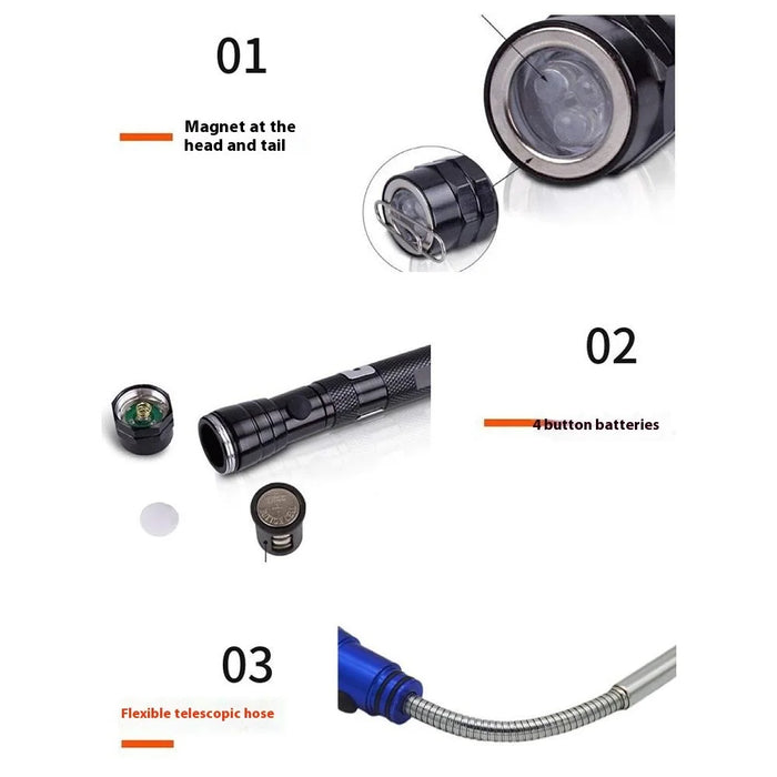 3-LED Extendable Aluminum Alloy Flashlight Magnetic Pickup Tool Flexible Gooseneck Pen Clip Light - Black - 5