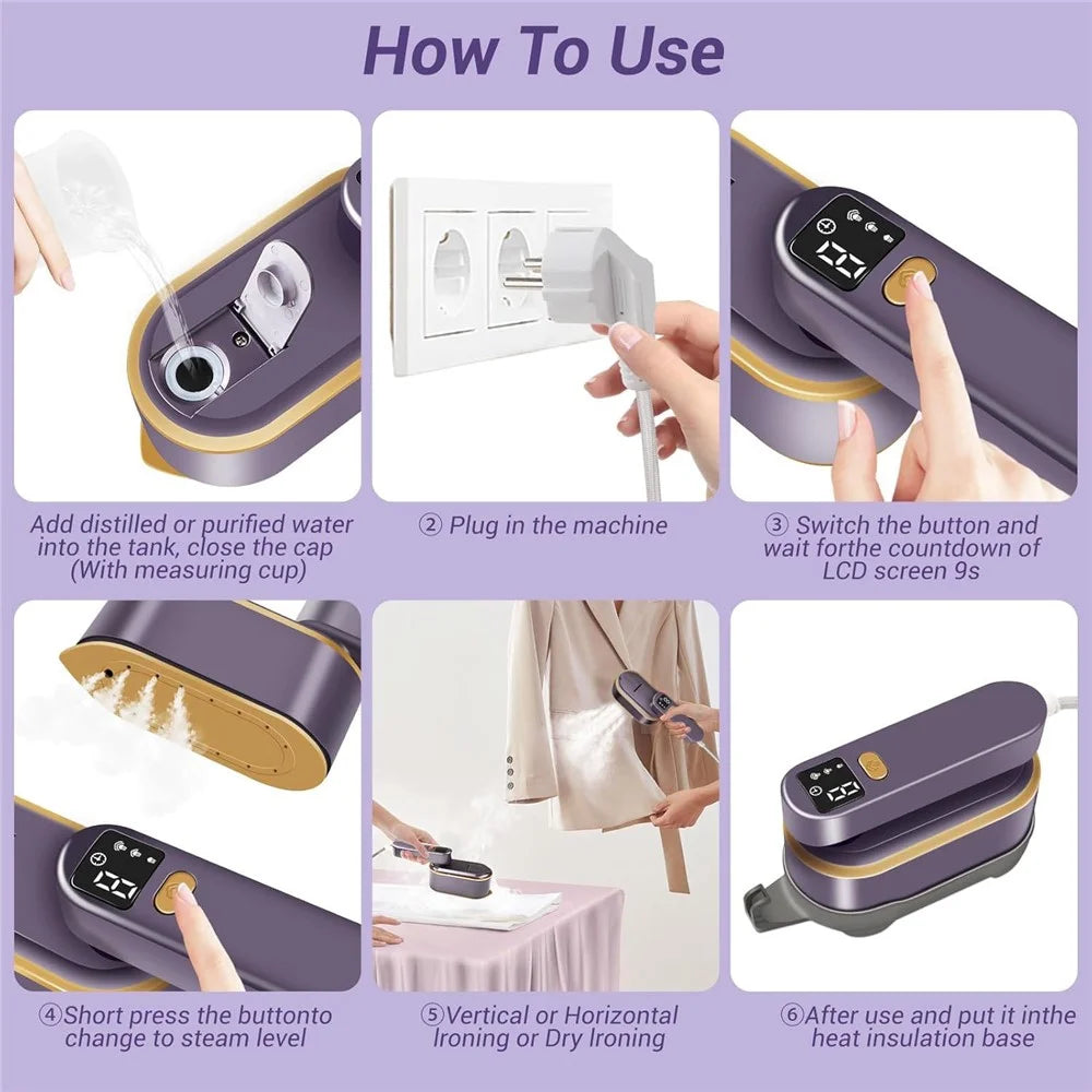 Handheld Garment Steamer Intelligent Digital Display 3 Steam Settings Mini Portable Iron, EU Plug - Purple - 5
