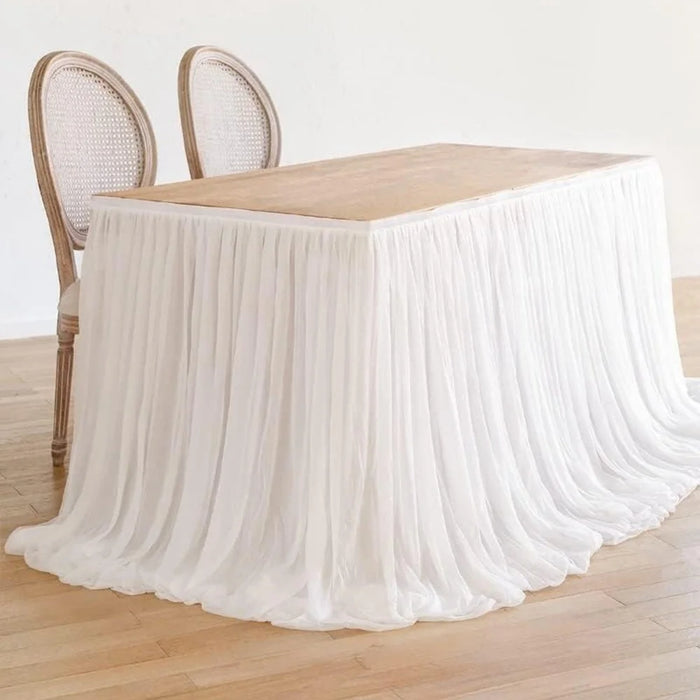 6ft Rectangle Table Skirt Polyester Ruffle Tulle Table Skirt for Wedding Bridal Birthday (75x183cm) - White - 1