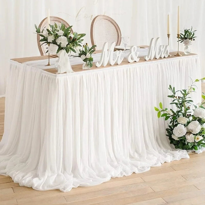 6ft Rectangle Table Skirt Polyester Ruffle Tulle Table Skirt for Wedding Bridal Birthday (75x183cm) - White - 2