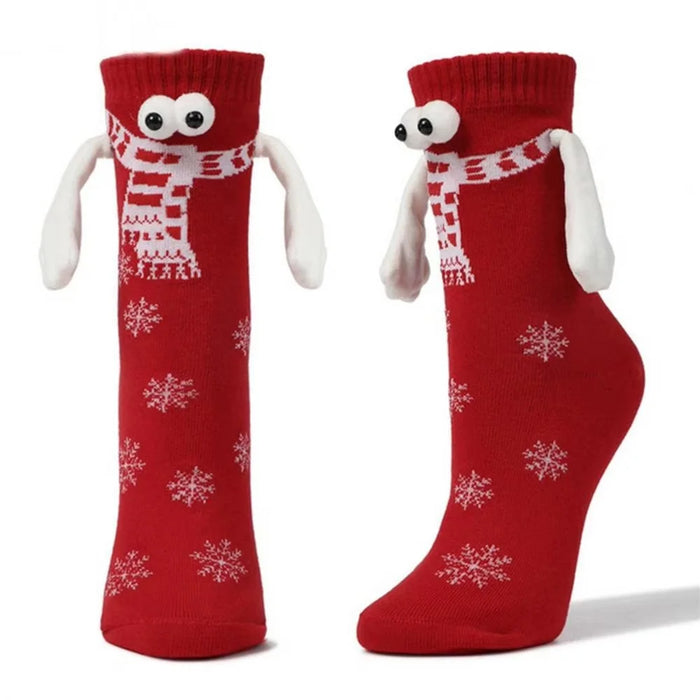3D Eyes Snowflake Pattern Christmas Socks Magnetic Hand in Hand Mid Calf Socks for Holiday - Red - 1