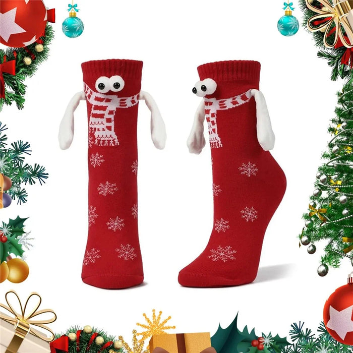 3D Eyes Snowflake Pattern Christmas Socks Magnetic Hand in Hand Mid Calf Socks for Holiday - Red - 2