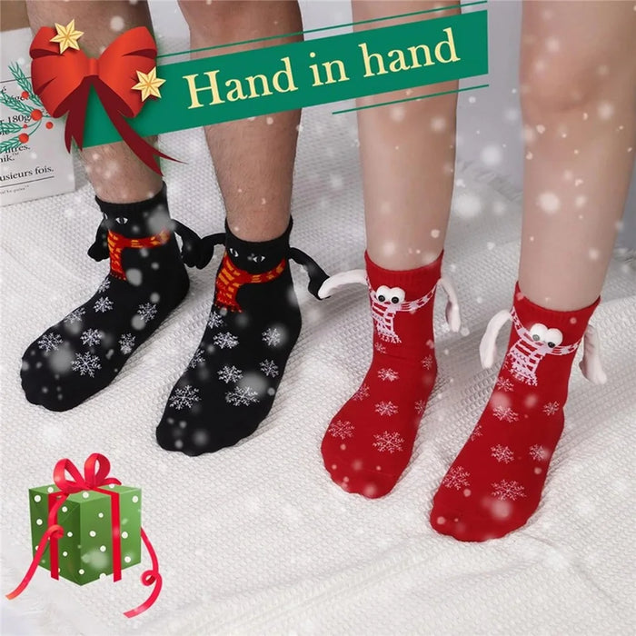 3D Eyes Snowflake Pattern Christmas Socks Magnetic Hand in Hand Mid Calf Socks for Holiday - Red - 3