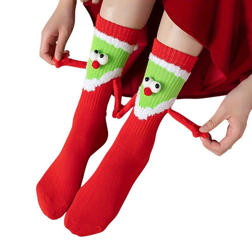 Christmas Elf Pattern Socks Fun Cute Hand-Holding Mid-Calf Socks Comfortable Breathable - 1