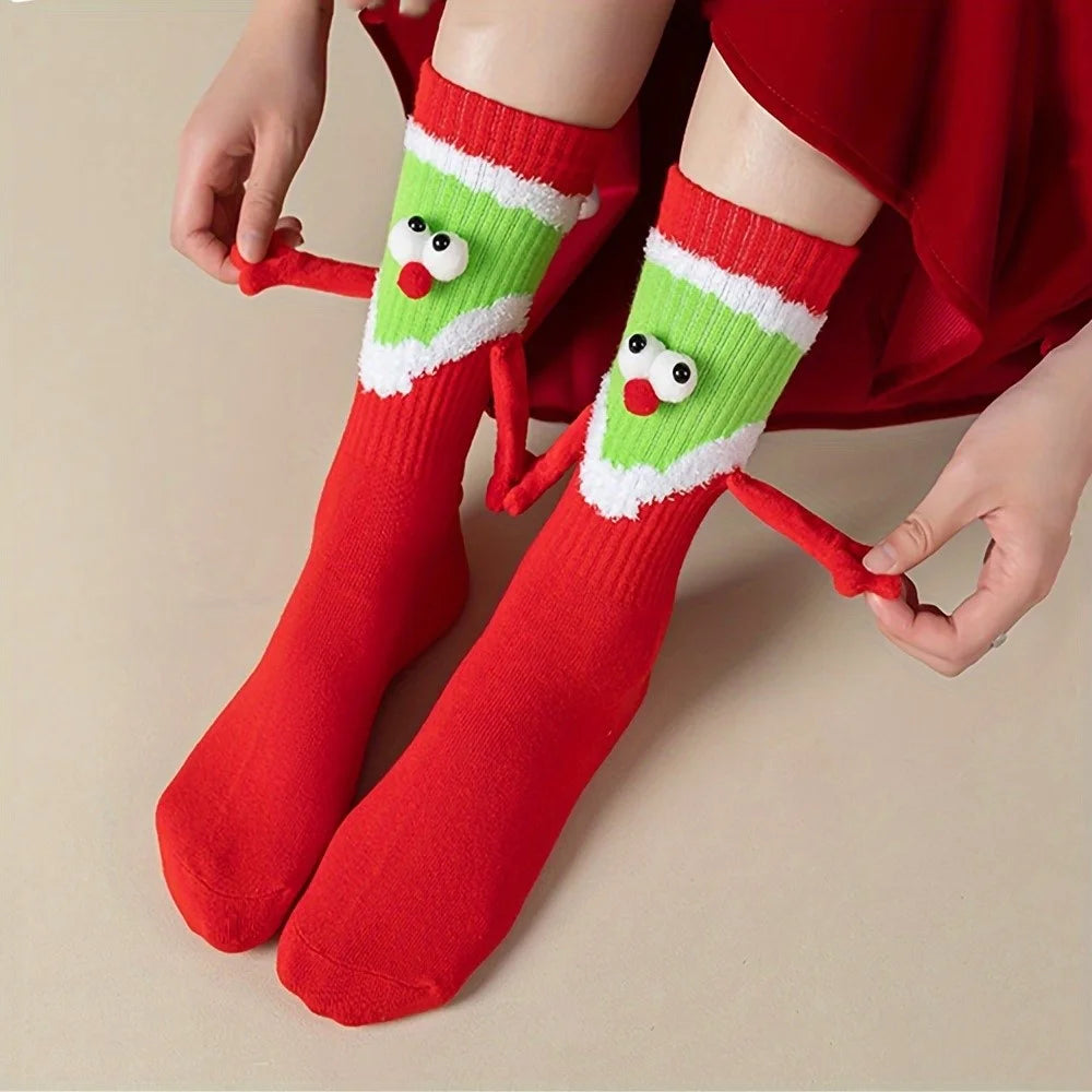 Christmas Elf Pattern Socks Fun Cute Hand-Holding Mid-Calf Socks Comfortable Breathable - 2