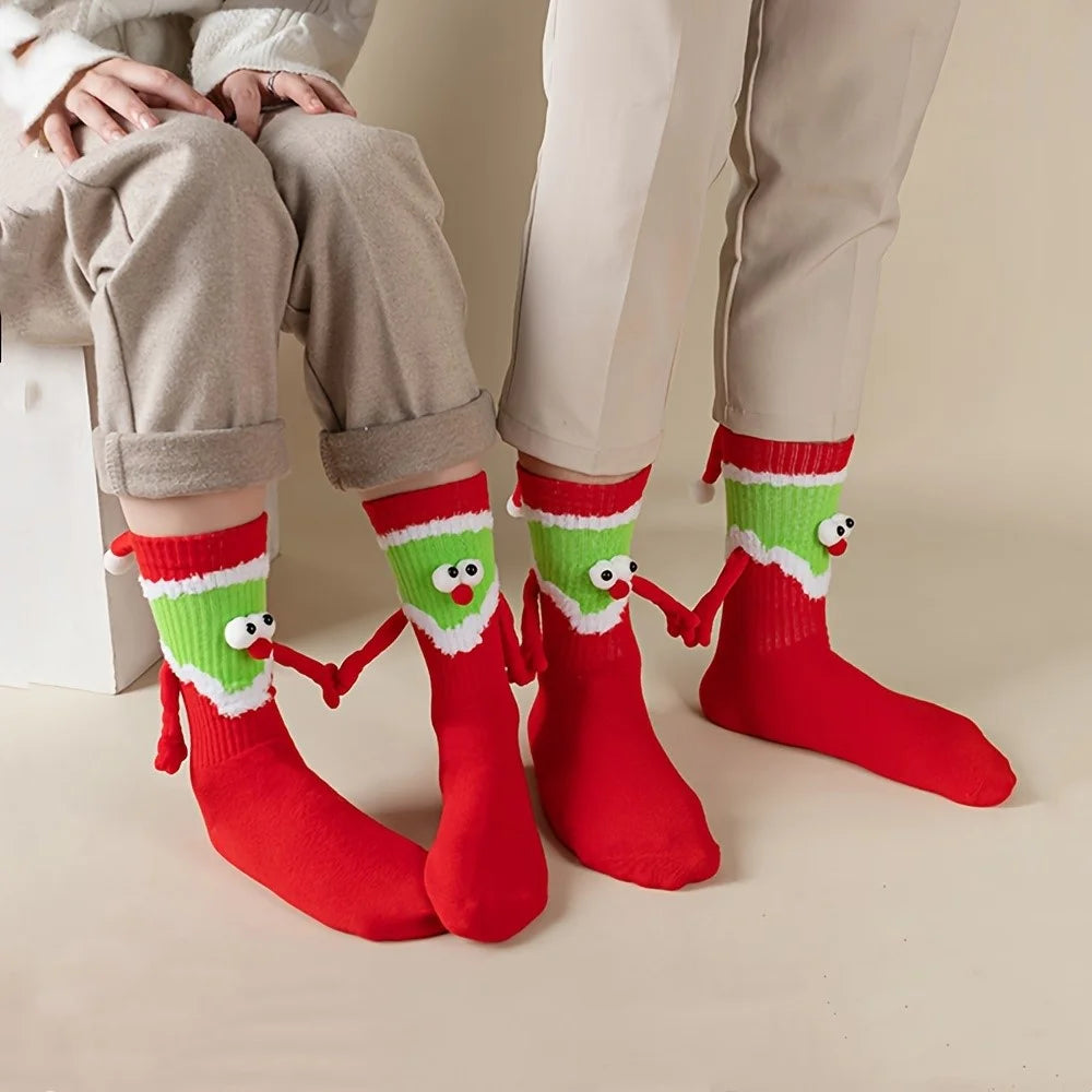 Christmas Elf Pattern Socks Fun Cute Hand-Holding Mid-Calf Socks Comfortable Breathable - 3
